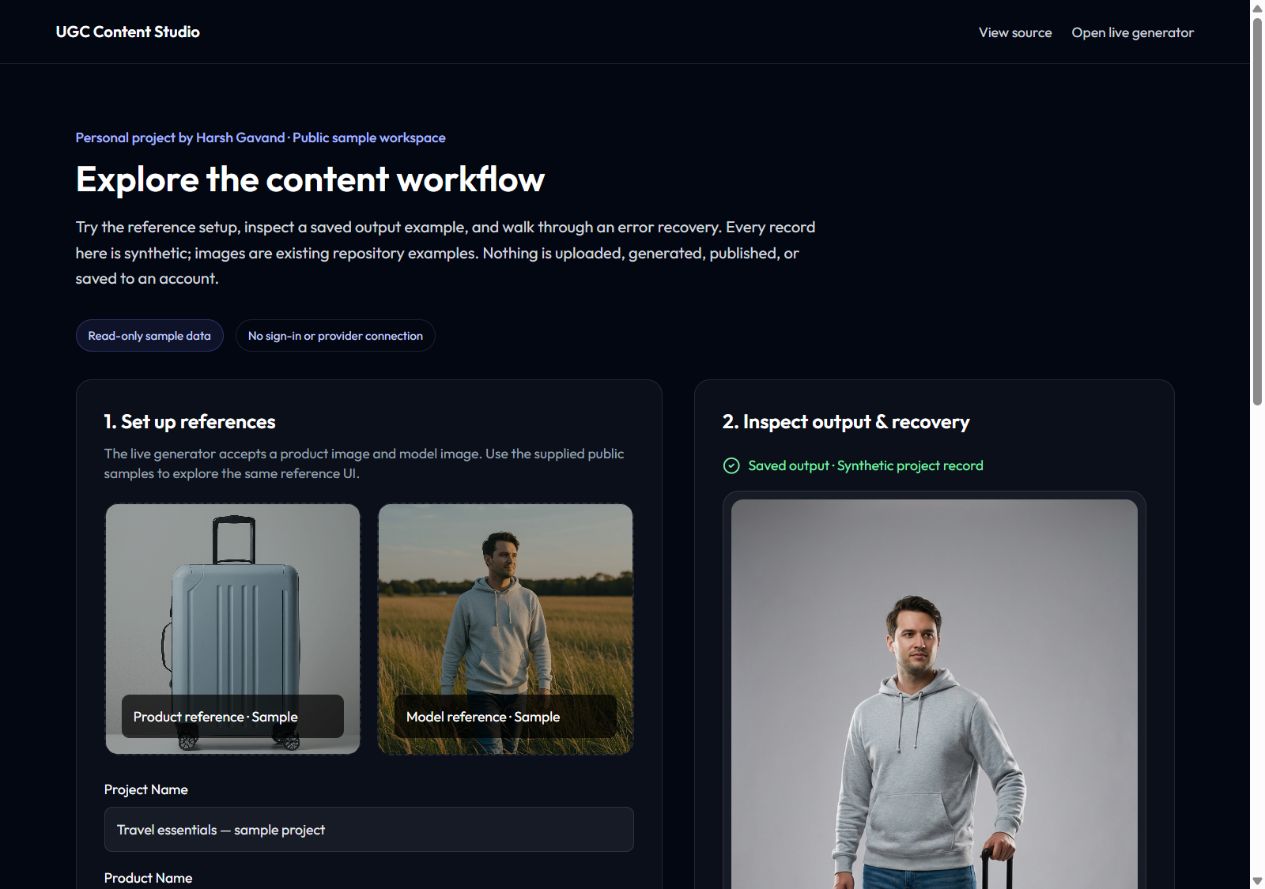 UGC Content Studio sample workspace showing reference inputs, saved output, and generation status